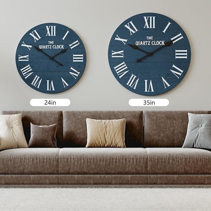 ARTPOWER Large Farmhouse Wall Clock, 24” Shiplap Wall Clock with Roman Numeral, Nearly Non-Ticking, Round Wall Clocks for Living Room Decor, Office, Bedroom, Entrance, Blue