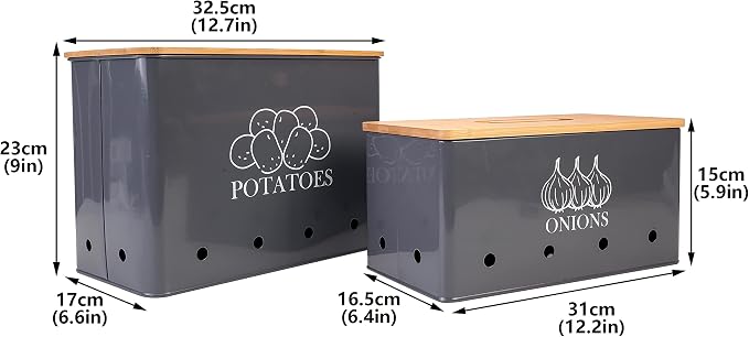 Potato and Onion Storage Bin Set of 2, Vented Metal Vegetable Storage with Wooden Lids, Farmhouse Kitchen Canisters for Countertop Pantry Organizer, Potato Bin Onion Holder for Produce Storage, Grey