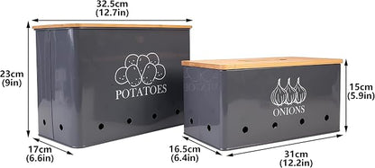 Potato and Onion Storage Bin Set of 2, Vented Metal Vegetable Storage with Wooden Lids, Farmhouse Kitchen Canisters for Countertop Pantry Organizer, Potato Bin Onion Holder for Produce Storage, Grey