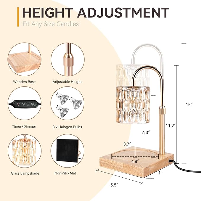Candle Warmer Lamp with 3 Bulbs, Adjustable Height Dimmable Candle Warmer with Timer, Candle Lamp with Charming Gift Box Ribbon,Birthday Gifts for Women Mom, House Warming Gifts New Home Decor