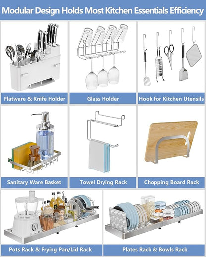 3 Tier Extra Large Over The Sink Dish Drying Rack, Expandable Stainless Steel Dish Drainer with Multifunctional Organizer, Space-Saving Above Sink Dish Rack with Large Capacity for Kitchen Counter
