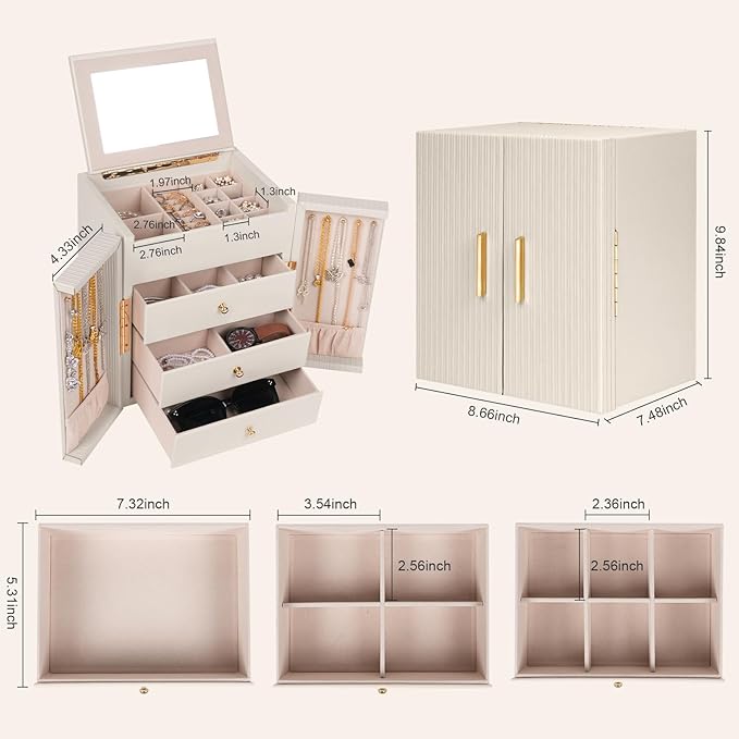 Dajasan Large Jewelry Box for Women, Jewelry Organizer Box with 3 Drawers, Jewelry Storage Organizer with Mirror for Necklace Ring Bracelet Watch, Gift Idea (Beige)