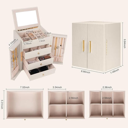 Dajasan Large Jewelry Box for Women, Jewelry Organizer Box with 3 Drawers, Jewelry Storage Organizer with Mirror for Necklace Ring Bracelet Watch, Gift Idea (Beige)