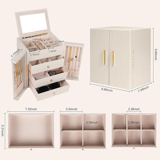 Dajasan Large Jewelry Box Organizer, Jewelry Storage Organizer with 3 Drawers, Huge Jewelry Box with Mirror for Women Girls, Double Door, Textured PU Leather, Gift Idea, Stylish (Beige + Gold)