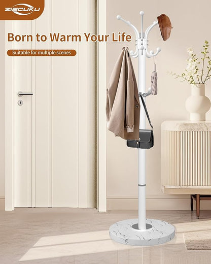Metal Coat Rack with Natural Marble Base,360°Rotary Coat Rack Stand with 14 Hooks,Modern Freestanging Coat Racks for Entryway,Office,White Coat Jacket Hanger Tree Stand for Coats, Scarves