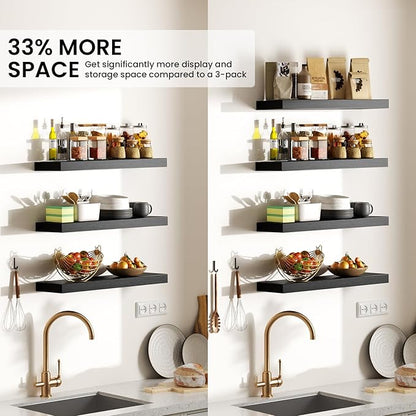 BAYKA Floating Shelves for Wall, 15.7in Wall Mounted Rustic Wood Shelves for Bathroom, Bedroom, Living Room, Kitchen, Hanging Shelf for Books/Storage/Room Decor with 22lbs Capacity (Black, Set of 4)