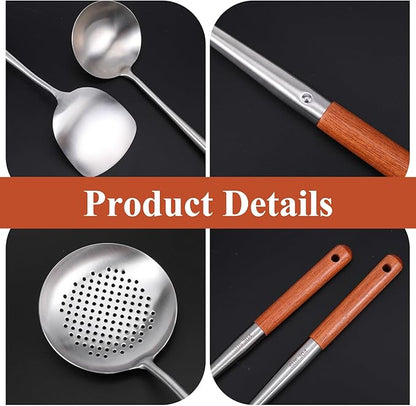Wok Spatula and Ladle Stainless Steel, 3 PCS 17 Inches 304 Stainless Steel Spatula, Wok Ladle and Skimmer, Dishwasher Safe Cooking Utensils Kitchen Tool Set