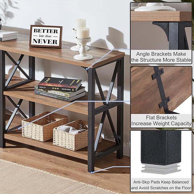 IBF Farmhouse Entryway Table, Rustic Long Console Table Behind Couch, Modern Metal Wooden Sofa Table with Storage Shelves, 3 Tier Foyer Hallway Table for Livingroom, Rustic Oak,63 in