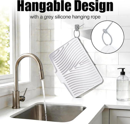 TIKNIK Silicone Dish Drying Mat for Kitchen Counter - Heat Resistant & Non-Slip Dish Drain Pad with Built-In Drain, Dishwasher Safe, Quick-Dry, Hangable & Roll-Up for Storage, White-1pcs, 16" x 12"