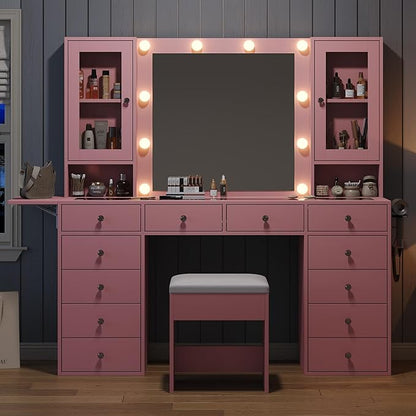 Vanity with Mirror and 10 LED Lights,Vanity Desk with Power Outlet, Makeup Vanity with 12 Drawers and 2 Cabinets, Fold-up Panel, Glass Top Vanity Table with Chair for Bedroom, Pink