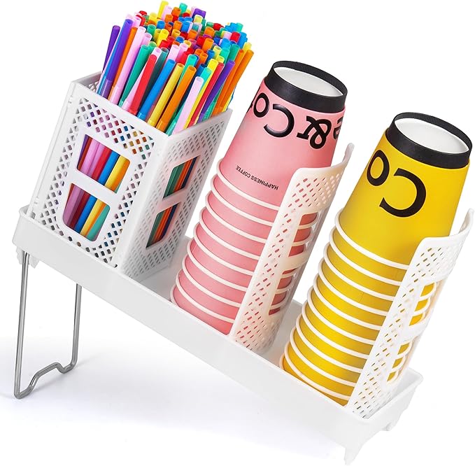 Cup and Lid Holder, Disposable Paper Cup Dispenser with Coffee Pod Straw Storage Basket, Countertop Coffee Cup Holder for Coffee Stations, Bars, Break Rooms, Living Rooms, Parties (White)