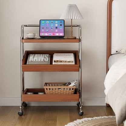 Solid Wood Rolling End Table Cart with Adjustable Storage - 3-Tier Stainless Steel Fame Side Table on Wheels Narrow Bedside Storage Table Small Bar Serving Cart for Living Room