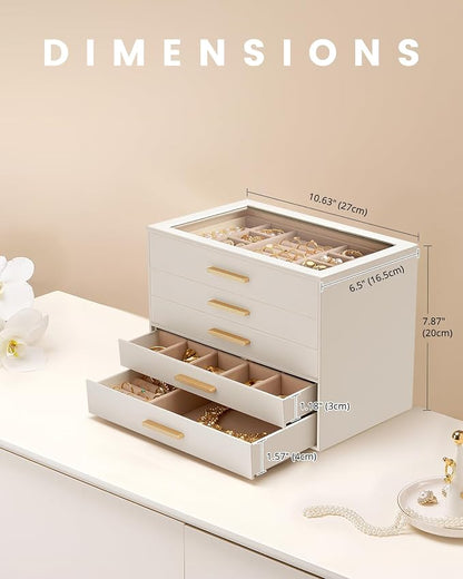 Lolalet Jewelry Box Organizer, 5-Layer Jewelry Organizers and Storage Case with Glass Lid, Ring Earring Bracelet Necklace Holder Organizer, Birthday Valentine Gifts for Women Girls -5Layer, Beige