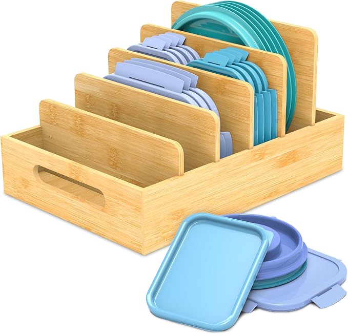 Retro Shaw Bamboo Lid Organizer for Plastic Lids, Adjustable Tall Dividers for Cabinet Drawer, Food Container Lid Holder for Kitchen Storage and Organization