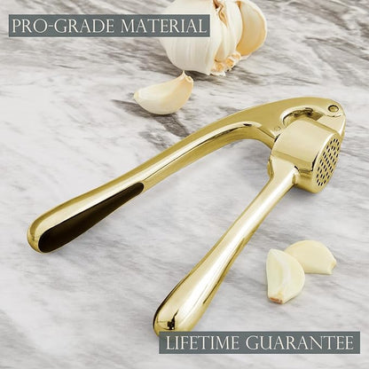 Kitessensu High Effective Garlic Press With Studs, Heavy Duty Garlic Mincer, Easy to Squeeze and Clean, Rust Proof, Ginger Crusher - Golden