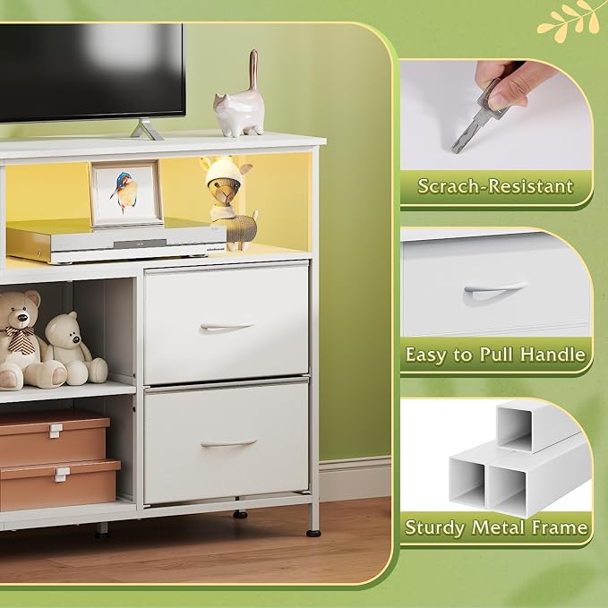 WLIVE TV Stand Dresser for 50,55,60 inch TV, Entertainment Center with LED Lights & Fabric Drawers, Dresser TV Stand for Bedroom and Living Room with Open Shelves, White