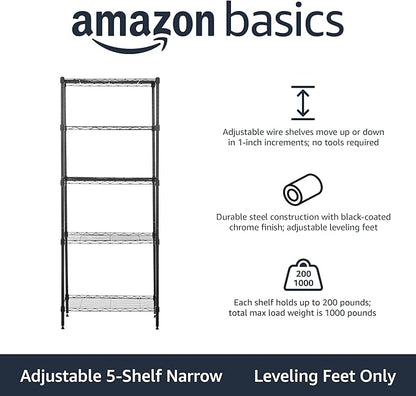 Amazon Basics 5-Shelf Multipurpose Adjustable Steel Garage Shelving Unit, Storage Rack for Kitchen, 200 lbs Per Shelf, Easy Assembly, 13.4"D x 23.2"W x 60"H, Black