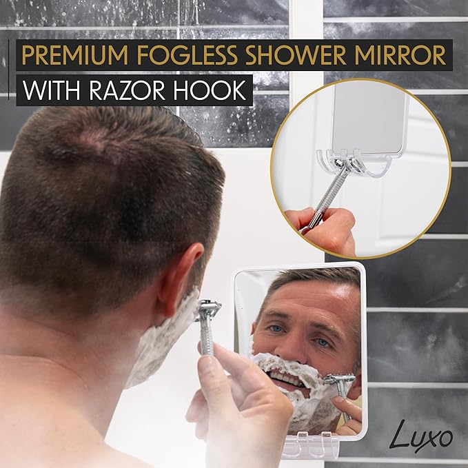 Luxo Shower Mirror, Shower Mirror fogless for Shaving with a Removable Razor Holder - Shaving Mirror for Shower with a Powerful Suction Cup - Shatterproof fogless Mirror for Shower (White/Clear)