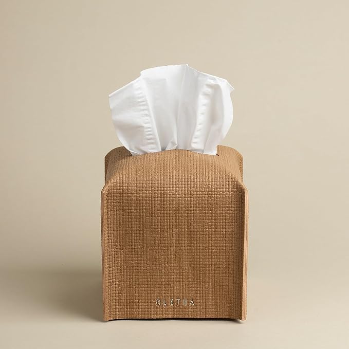 OLETHA Square Tissue Box Cover - Aesthetic Desk Decor for Room, Home & Office - Tissues Cube Boxes Holder - Raffia Embossing, Wheat
