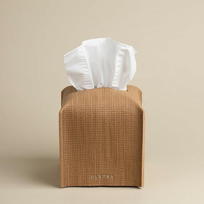 OLETHA Square Tissue Box Cover - Aesthetic Desk Decor for Room, Home & Office - Tissues Cube Boxes Holder - Raffia Embossing, Wheat