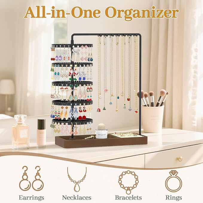 MODOWEY Earring Holder Organizer Jewelry Stand, 285 U-Slots Adjustable Rotating Earring Tree Rack, 14 Hooks Tall Necklace Display for Women, 5 Tier Compact Large Capacity Tower with Ring Tray, Black