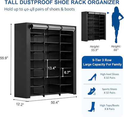 9-Tier Large Tall Shoe Rack with Covers 40-46 Pairs, Sneaker Rack Organizer Shoes Cabinet Closed Shelves Shoe Stand Holder for Garage Bedroom,Zapateras Organizer for Shoes 50 Pares