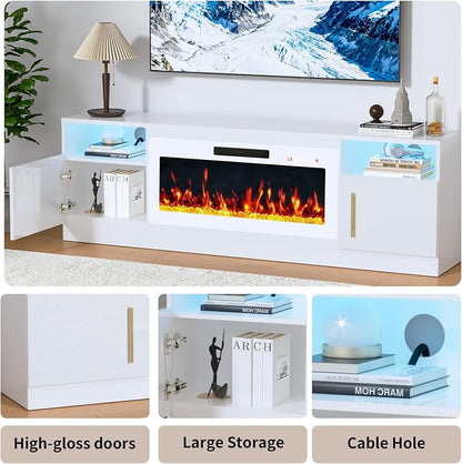 PRETZI Fireplace TV Stand with 36" Fireplace Up to 80" TVs,70" Entertainment Center with LED Lights,Remote Control,TV Media Console with Storage Cabinets for Living Room, White+White