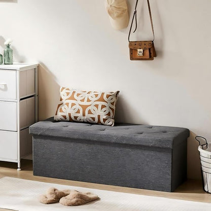 Sweetcrispy 43 Inch Folding Storage Ottoman Bench, Large Hidden Storage Chest with Padded Seat, Foot Rest Stool Supports Up to 660Lbs, End of Bed Bench for Bedroom, Living Room, Linen Fabric, Grey
