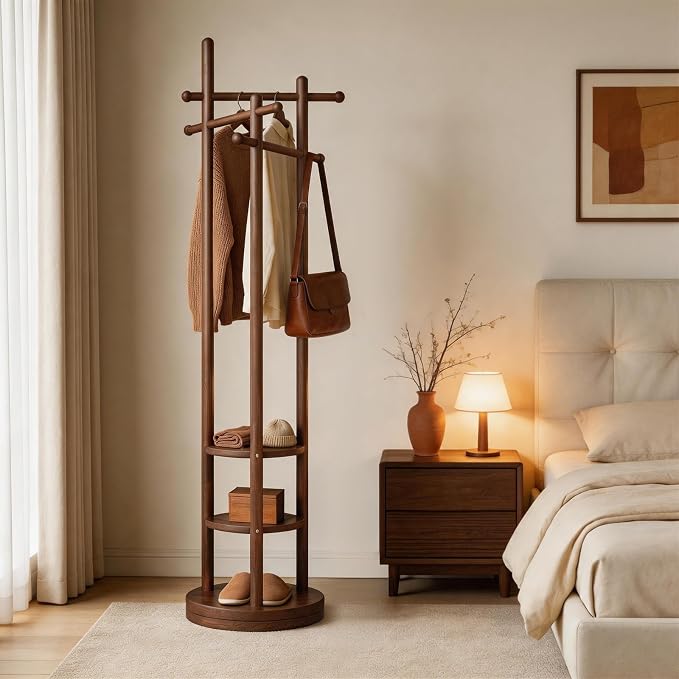 Coat Rack Freestanding, Solid Wood Coat Tree with 6 Hooks and 3 Storage Shelves for Bedroom, Entryway Living Room, Office, Corner Hanger Stand for Purse, Bag, Jacket, Hat