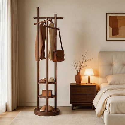 Coat Rack Freestanding, Solid Wood Coat Tree with 6 Hooks and 3 Storage Shelves for Bedroom, Entryway Living Room, Office, Corner Hanger Stand for Purse, Bag, Jacket, Hat