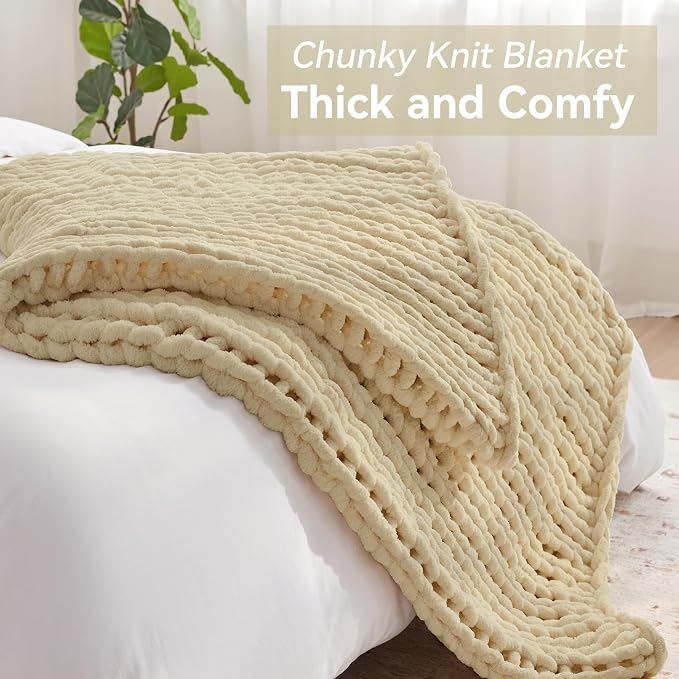 Negwoo Chunky Knit Throw Blanket, 30''*40'' Knitted Throw Chenille Yarn for Bed Couch, Handmade Oatmeal Crochet Big Thick Blanket, Machine Washable Cute Comfy Blanket for Home Decor