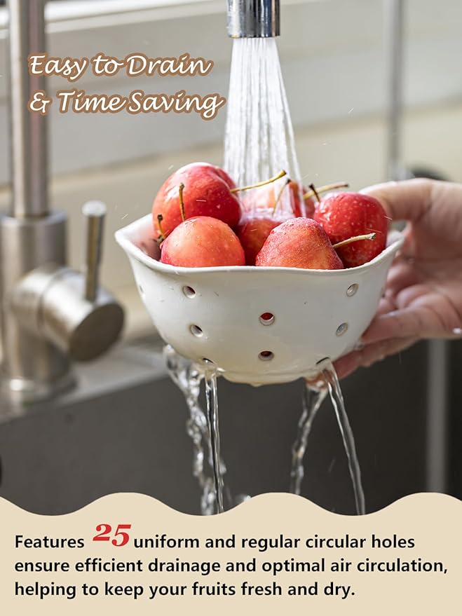 Gomakren Ceramic Berry Basket Set of 2, Elegant Fruit Basket Container 6 Inch, Fruit Bowl with Holes for Kitchen Counter, Berries, Strawberry, Grape, Cherry, Floral Shape - White