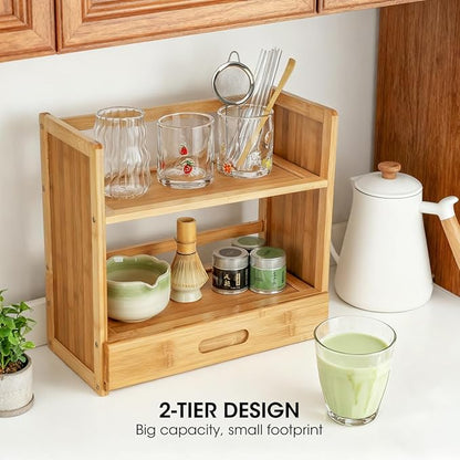 AIEVE Matcha Station Organizer, 2-Tier Bamboo Shelf with Hidden Drawer, Coffee Station Organizer Mug Holder Shelf for Matcha Whisk Set Bowl Cup Scoop Sifter