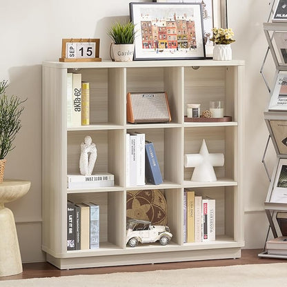 9 Cube Storage Book Shelf, 41" Tall Organizer Bookcase with Curved Edge, Wood Floor Standing 3-Tier Cubby Bookshelf with Base, Vintage Display Book Case for Bedroom,Office,Grey-White Cream Oak