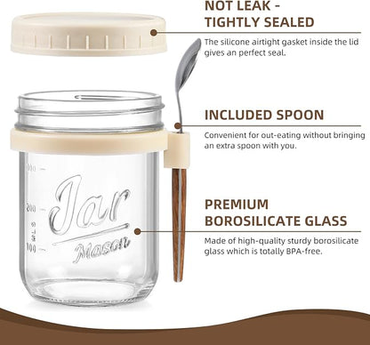 LANDNEOO 4 Pack Overnight Oats Containers with Lids and Spoons, 16 oz Glass Mason Jars with Airtight Lids, Overnight Oats Jars for Milk, Cereal, Fruit-Beige