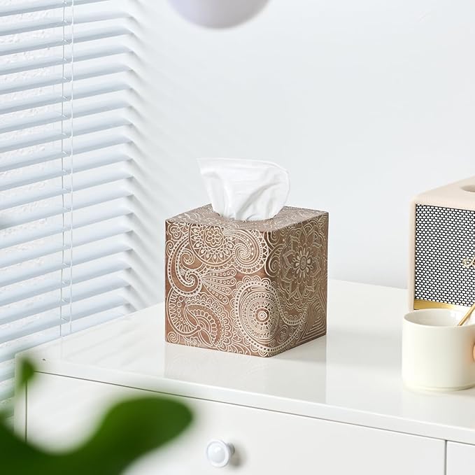 Vintage Wood Carved Square Tissue Box Cover Decorative,Napkin Dispenser,Facial Paper Holder for Bathroom Vanity Countertop,Bedroom Dresser,Night Stand, Desk, Office and End Table,Boho Flowers