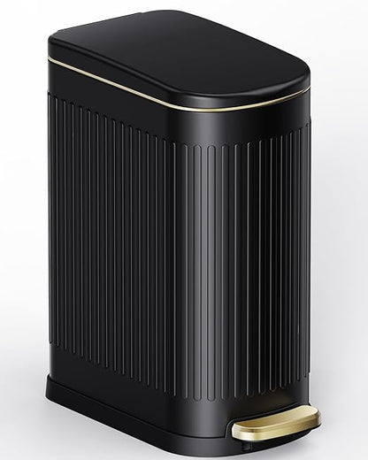 CEROELDA Black Bathroom Trash Can with Lid-10L/2.6 Gallon Stainless Steel Step Slim Garbage Can-Rectangle Pedal Trash Bin for Narrow Office, Kitchen, Bedroom, Toilet-Soft Close