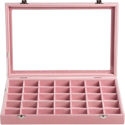 Frebeauty Velvet Jewelry Tray,35 Grid Jewelry Organizer with Clear Lid,Earring Holder Organizer Case with Clasp,Drawer Insert for Rings Studs,13.8 x 9.5 x 2 Inches,Gift for Women Girls(Pink)