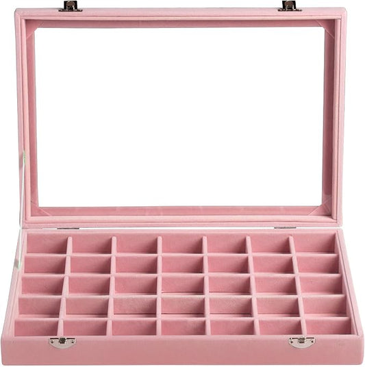 Frebeauty Velvet Jewelry Tray,35 Grid Jewelry Organizer with Clear Lid,Earring Holder Organizer Case with Clasp,Drawer Insert for Rings Studs,13.8 x 9.5 x 2 Inches,Gift for Women Girls(Pink)