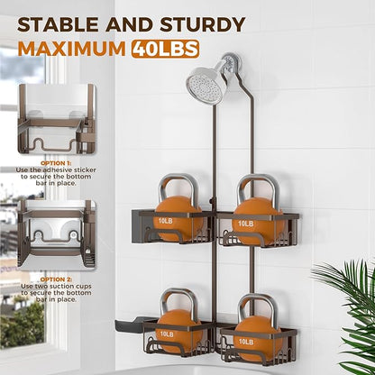 REINHARDT Shower Caddy Hanging for Handheld Showerheads Adjustable Split Shower Caddy, Rustproof Shower Organizer with Hooks for Razor Over the Head Caddy with Soap Holder Bathroom Accessories, Bronze