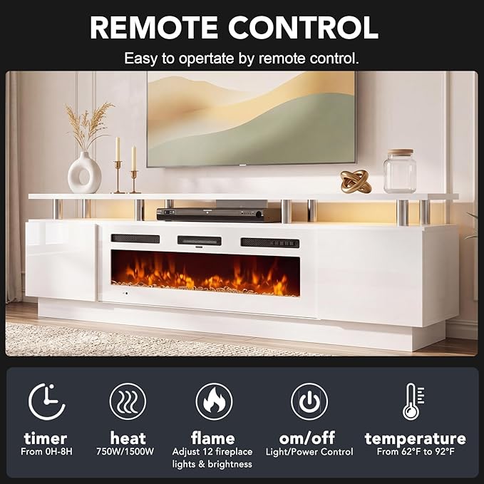 90" TV Stand for Living Room, Large Entertainment Center & Media Console, Fits TVs up to 100", Storage Cabinet with Shelves, 50" Electric Fireplace, All White