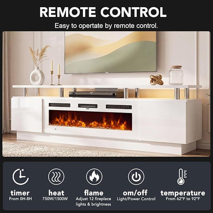 90" TV Stand for Living Room, Large Entertainment Center & Media Console, Fits TVs up to 100", Storage Cabinet with Shelves, 50" Electric Fireplace, All White