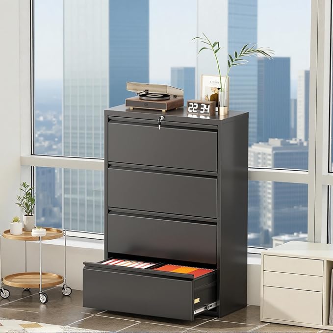 Superday Lateral File Cabinet 4 Drawer Metal File Cabinet with Lock, Black Filing Cabinets for Home Office, Locking Filing Cabinets Hanging Files Letter/Legal/F4/A4