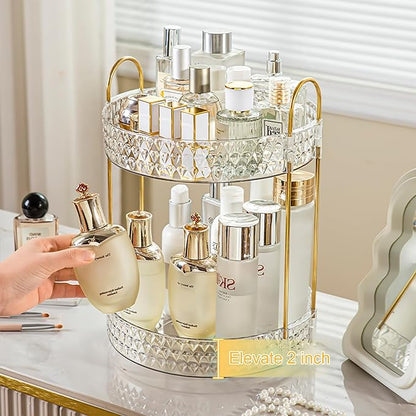 Rotating Makeup Organizer for Vanity, 2 Tier Perfume Skincare Storage for Women, Bathroom Counter Organizer, 360 Spinning Cosmetic Holder for Dresser Countertop, Clear
