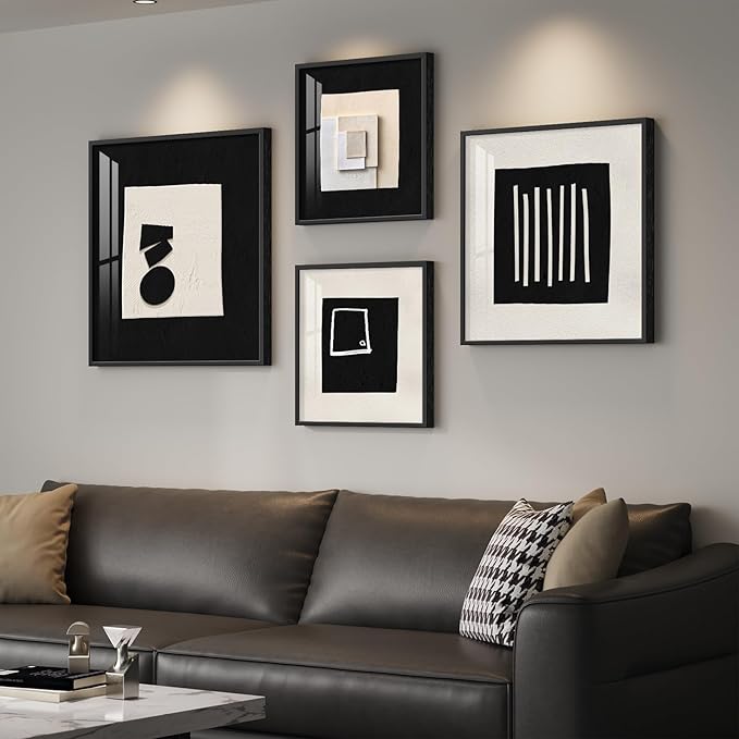 4 Piece Framed Modern Black and White Wall Art Set, Minimalist Abstract Prints Artworks, Bright Style Geometric Picture Painting Decor for Living Room Dining Room Hallway Bedroom Home Office