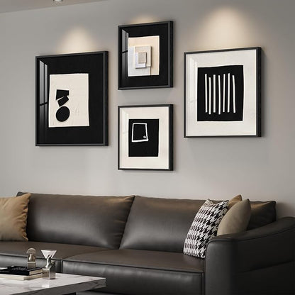 4 Piece Framed Modern Black and White Wall Art Set, Minimalist Abstract Prints Artworks, Bright Style Geometric Picture Painting Decor for Living Room Dining Room Hallway Bedroom Home Office