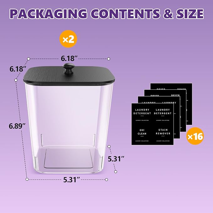 Moforoco 2 Pcs Laundry Pods Container, Clear Laundry Room Organization Containers,Large Detergent Powder Storage, Black Wooden Lids & Labels