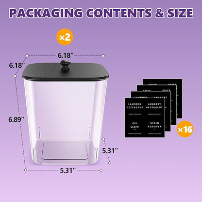 Moforoco 2 Pcs Laundry Pods Container, Clear Laundry Room Organization Containers,Large Detergent Powder Storage, Black Wooden Lids & Labels
