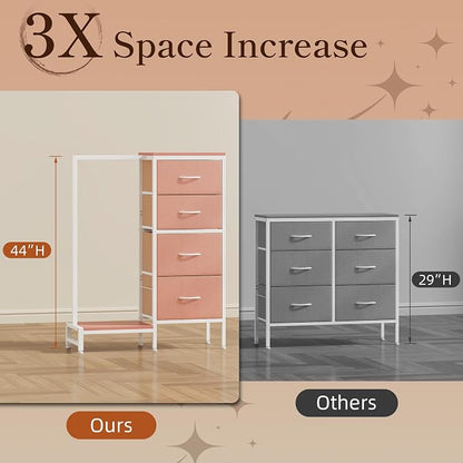 HIGDBFE Dresser with Hanging Rack, 4 Drawers Small Closet for Bedroom, Reversible Fabric Kids Chest of Drawers with Clothes Rack, Tall Storage Tower, Sturdy Frame, Pink, 44''H