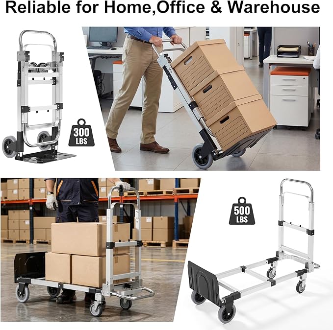 Folding Hand Truck Dolly, 500 lbs Heavy-Duty Convertible Cart, Aluminum Alloy Collapsible Design with Silent Rubber Wheels, Adjustable Handle, Flat Fold for Moving, Home, Office (Black)